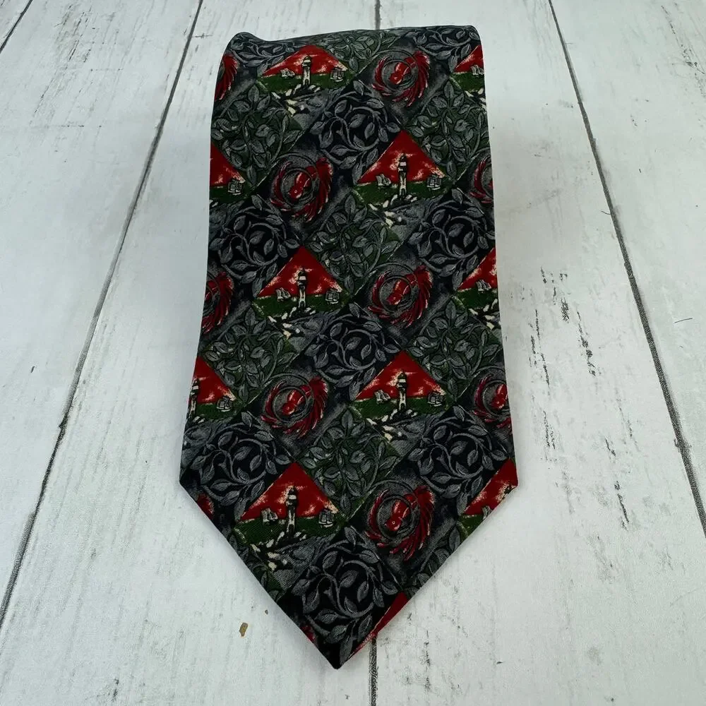 VTG Christian Dior Monsieur Grey/Red Silk Lighthouse & Bird Print Neck Tie Mens